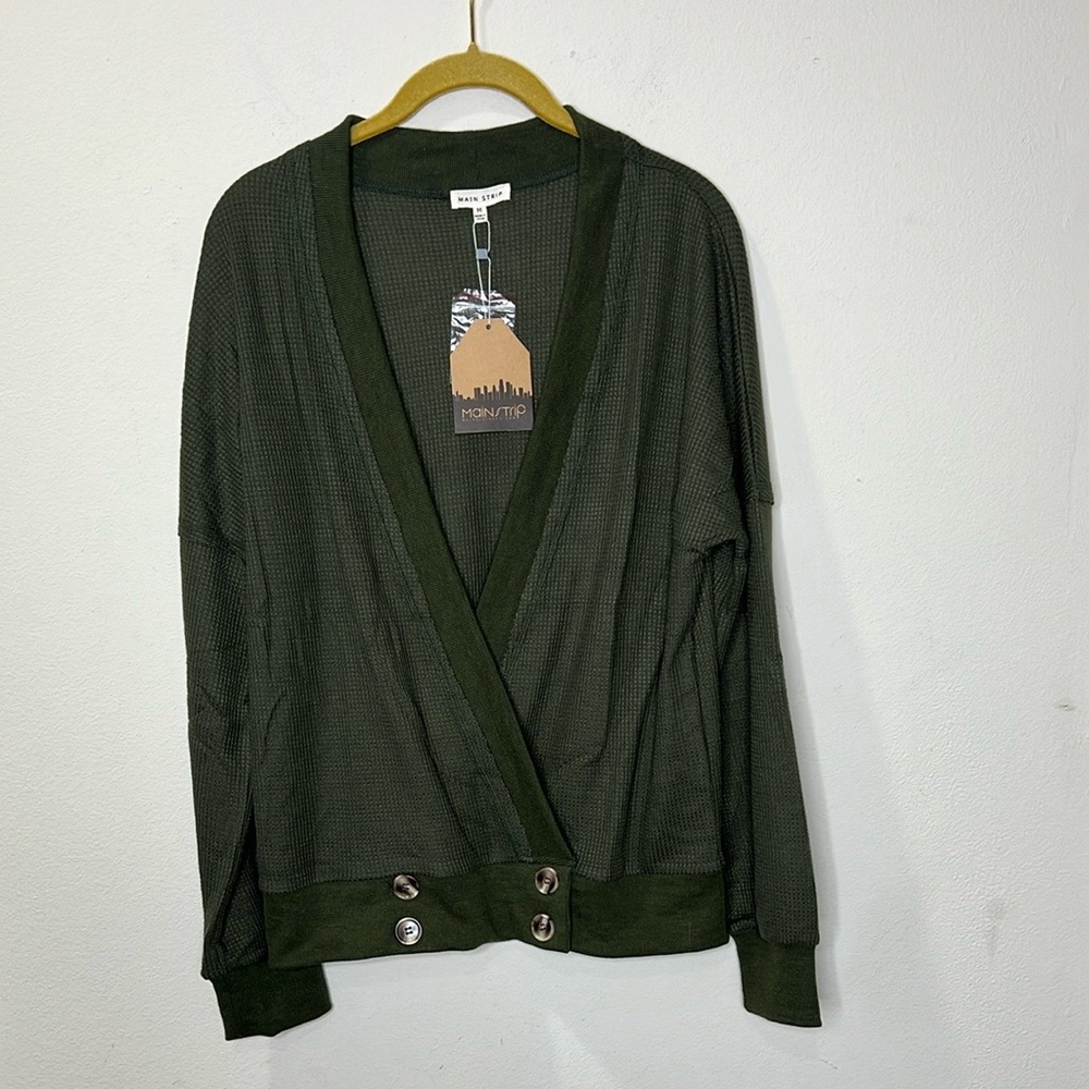 Women's Olive Overwrap Front Button Long Sleeve Knit Top (M)
